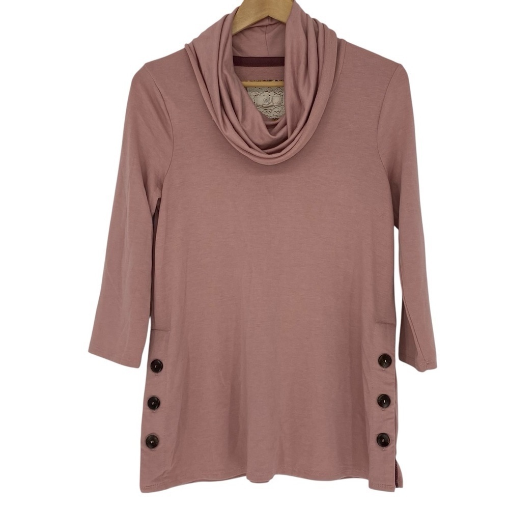 Cupio Blush Pink Soft Cowl Neck 3/4 Sleeve Sweater with Button Details, medium